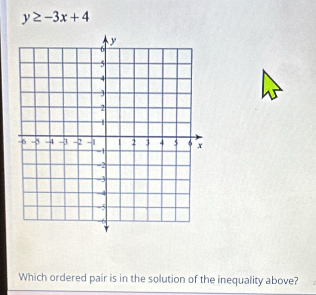 y≥ -3x+4
Which ordered pair is in the solution of the inequality above?