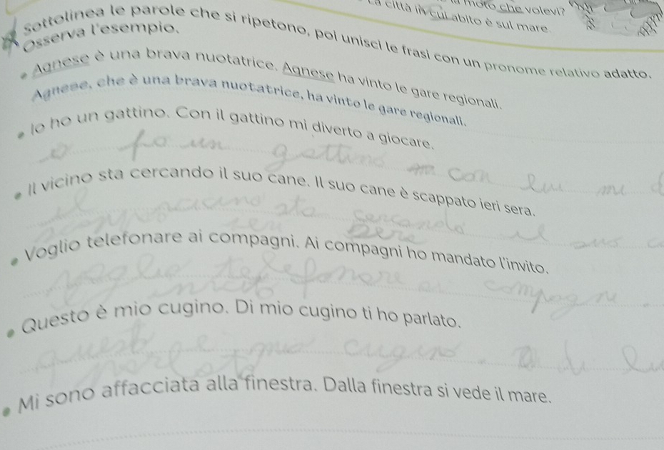 oto che volevi? 
a citta in cui abito é sul mare 
Ósserva l'esempio. 
Sottolinea le parole che si ripetono, poi unisci le frasí con un pronome relativo adatto 
Ase un a brava nuotatrice. Agnese ha vinto le gare regionali, 
Agnese, che è una brava nuotatrice, ha vinto le gare regionali 
lo ho un gattino. Con il gattino mi diverto a giocare. 
Il vicino sta cercando il suo cane. Il suo cane è scappato ieri sera 
Voglio telefonare ai compagni. Ai compagni ho mandato l'invito. 
Questo è mio cugino. Di mio cugino ti ho parlato. 
Mi sono affacciata alla finestra. Dalla finestra si vede il mare.