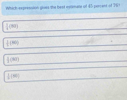 Which expression gives the best estimate of 45 percent of 76?
 1/4 (80)
 1/5 (80)
 1/2 (80)
 1/9 (80)