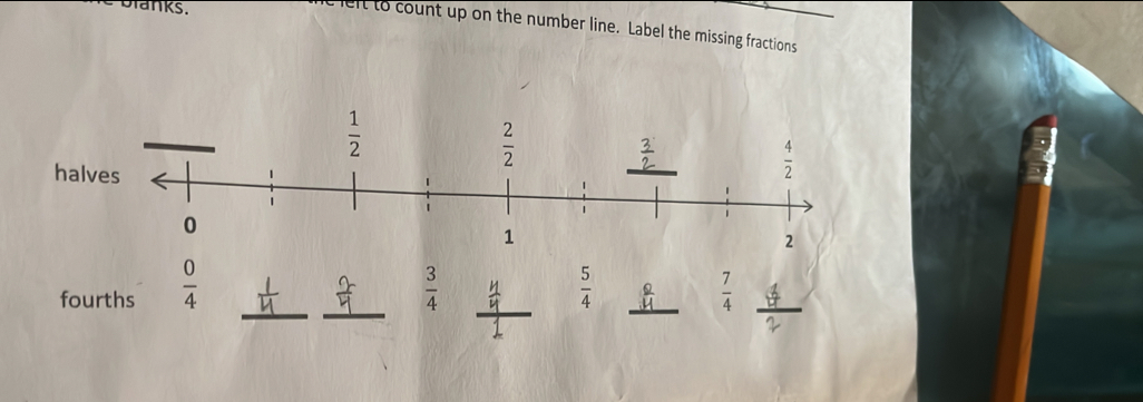 blanks.
eft to count up on the number line. Label the missing fractions
halves
__
fourths  0/4   3/4   5/4  _  7/4 