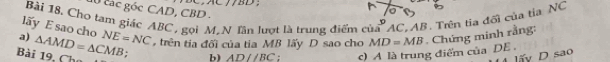 AC //BD; 
10 các góc CAD, CBD. 
Bài 18. Cho tam giác ABC , gọi M, N Tần lượt là trung điểm cử a°AC AB. Trên tia đối của tia Noverline C
a) 
lấy E sao cho ADparallel BC c) A là trung điểm của DE. 
Bài 19, Cho △ AMD=△ CMB NE=NC trên tia đối của tia MB lấy D sao cho MD=MB Chứng minh rằng: 
: b) lấy D sao