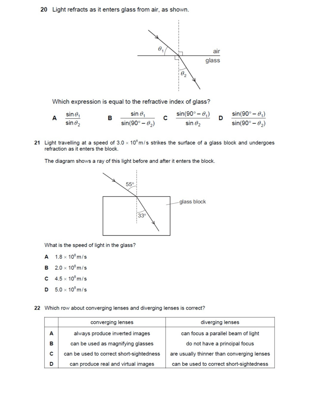 Light refracts as it enters glass from air, as shown.
Which expression is equal to the refractive index of glass?
A frac sin θ _1sin θ _2 B frac sin θ _1sin (90°-θ _2) C frac sin (90°-θ _1)sin θ _2 D frac sin (90°-θ _1)sin (90°-θ _2)
21 Light travelling at a speed of 3.0* 10^8m/s strikes the surface of a glass block and undergoes
refraction as it enters the block.
The diagram shows a ray of this light before and after it enters the block.
What is the speed of light in the glass?
A 1.8* 10^8m/s
B 2.0* 10^8m/s
C 4.5* 10^8m/s
D 5.0* 10^8m/s
22 Which row about converging lenses and diverging lenses is correct?
