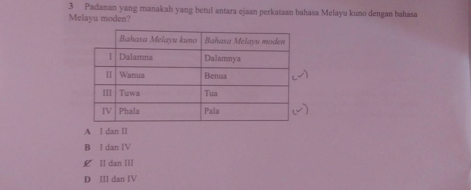 Padanan yang manakah yang betul antara ejaan perkataan bahasa Melayu kuno dengan bahasa
Melayu moden?
A I dan II
B I dan IV
L I dan ⅢII
D II dan IV