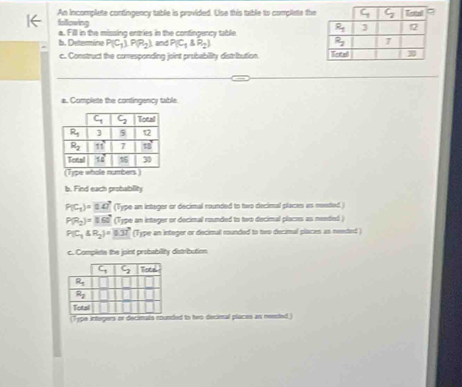 An incomplete contingency table is provided. Use this table to complete the
folliowing 
a. Fill in the missing entries in the continpency table
b. Determine P(C_1).P(P_2). and P(C_1△ P_2)
c. Construct the coesponding joint probablity distritution.
a. Complete the contingency table
(Type whn
b. Find each probability
P(C_1)=0.47 (Type an icteger or decimal rounded to two decimal places as neaded.)
P(R_2)=0.63 (Type an integer or decimal rounded to two decimal places as needed )
P(C_1△ P_2)=0.37° (Type an integer or decimal rounded to two decimal places as needed )
c. Complets the joint probability distribution
(Type integers or decimals nounded to two decimal places as nented)