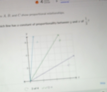 4=
m A. À. and C show proportions esiationsigs 
sich line his a constant of proportionalthy heemer y and a d  1/5 