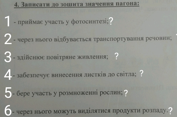 Записаτи до зошиτа значення пагона: 
1 - приймас участь у фотосинтезі;? 
2 - через нього відбувасться трансπортування речовин; 
3 - здійснюε πовітряне живлення; ? 
◢- - забезлечус винесення листків до світла; ? 
5 - бере участь у розмноженні рослин; ? 
б- через нього можуть видίлятися продукти розпаду.?