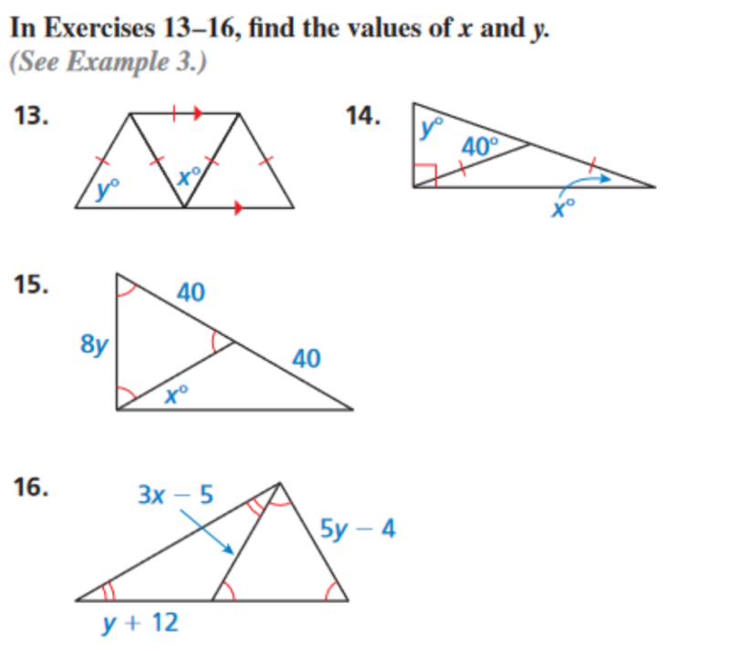 In Exercises 13-16, find the values of x and y.
(See Example 3.)
13.14.
15.
16.