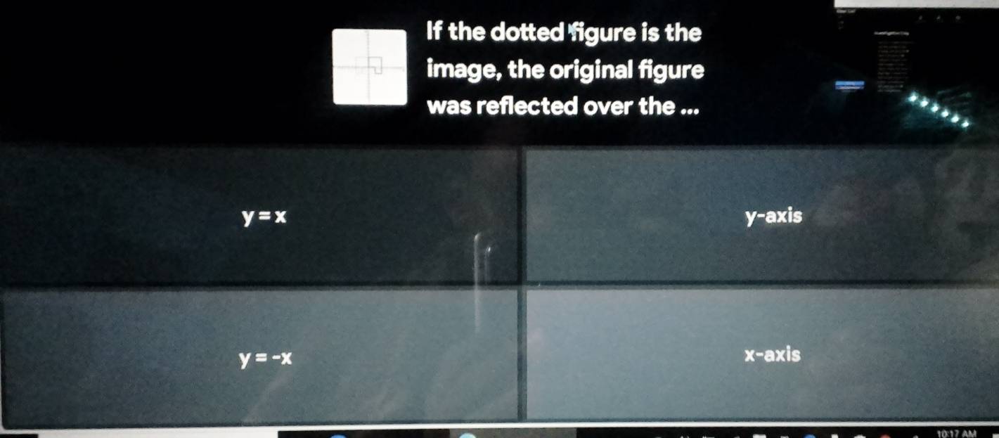 If the dotted figure is the
image, the original figure
was reflected over the ...
y=x y-axis
y=-x
x-axis