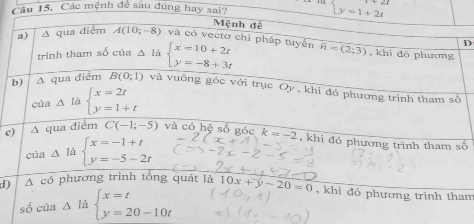 1a beginarrayl y=1+2t y=1+2tendarray.
Câu 15. Các mệnh đề sáu đúng hay sai?
D
cố
d)m