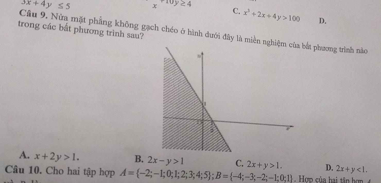 3x+4y≤ 5
x^(+10y)≥ 4
C. x^3+2x+4y>100 D.
trong các bất phương trình sau?
Câu 9. Nửa mặt phẳng không gạch chéo ở hình dưới đây là miền nbất phương trình nào
A. x+2y>1.
B. 2x-y>1
C. 2x+y>1.
D. 2x+y<1</tex>. 
Câu 10. Cho hai tập hợp A= -2;-1;0;1;2;3;4;5; B= -4;-3;-2;-1;0;1. Hơp của hai tâp hợp 4