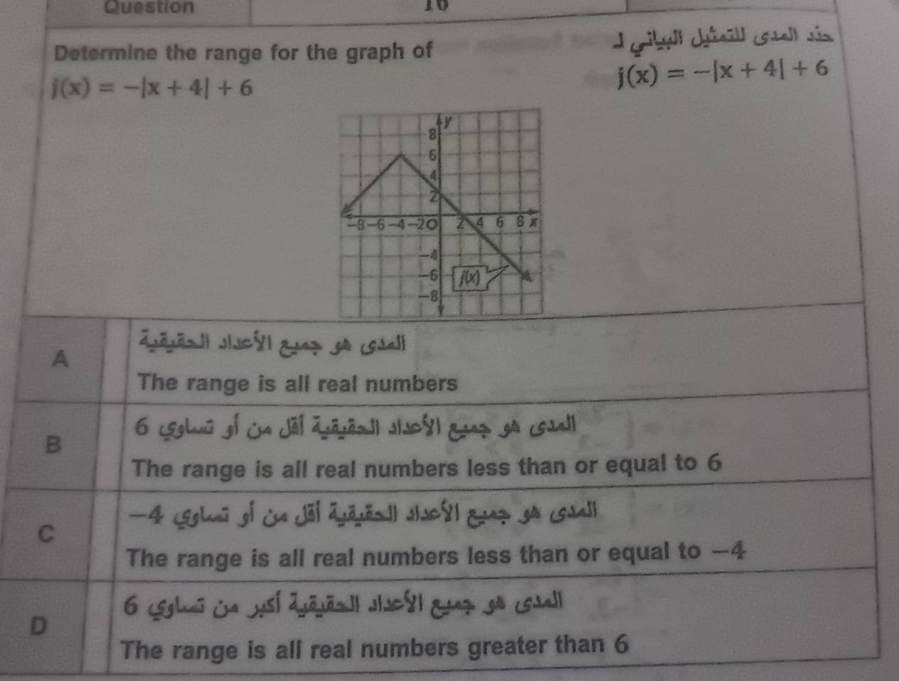 Determine the range for the graph of
d grübell crsill cstall sís
j(x)=-|x+4|+6
j(x)=-|x+4|+6
A
Zjéjñal| Jiucó| gup sa (súall
The range is all real numbers
6 (egluū o| a Jãt āgājäo ]| 08) gug ga (suall
B
The range is all real numbers less than or equal to 6
-4 (eglō of ca Jõl āyāsöo d| sh08| guan ga cuall
C
The range is all real numbers less than or equal to −4
6 Legli ia jsí Zōjāa l Jc91 guaz so csll
D
The range is all real numbers greater than 6