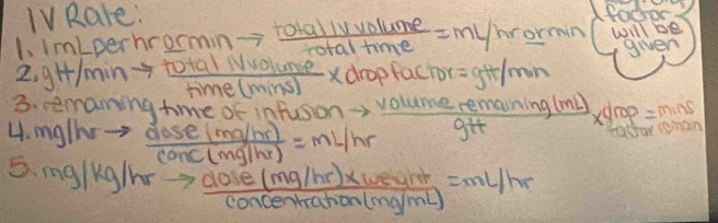 TV Rale: 
1. imLperhrormin- to  totallvvolume/totaltime =ml/hrormin will be 
given 
2, gH m hin  (o+alNuolume)/time(mins) * xdropfactor= 9+5 min
3. remaning time of infusion→ volume remaning (ml)
xgrop = mins
4. mgths- cose malhe E_BCC/Mg/hr=100/hr git 
rathar phan 
5. mglkg/hr -  (cione(mg/hr)* weymr)/concentrahon(mg/mL) =mL/hr