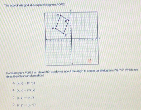 The coordinate grid shows parallelogram PQRS.
Parallelogram PQRS is rotated 90° clockwise about the origin to create parallelogram P'QR'S'. Which rule
describes this transformation?
A. (x,y)to (x,-y)
B. (x,y)to (-x,y)
c . (x,y)to (y,x)
D. (x,y)to (y,-x)