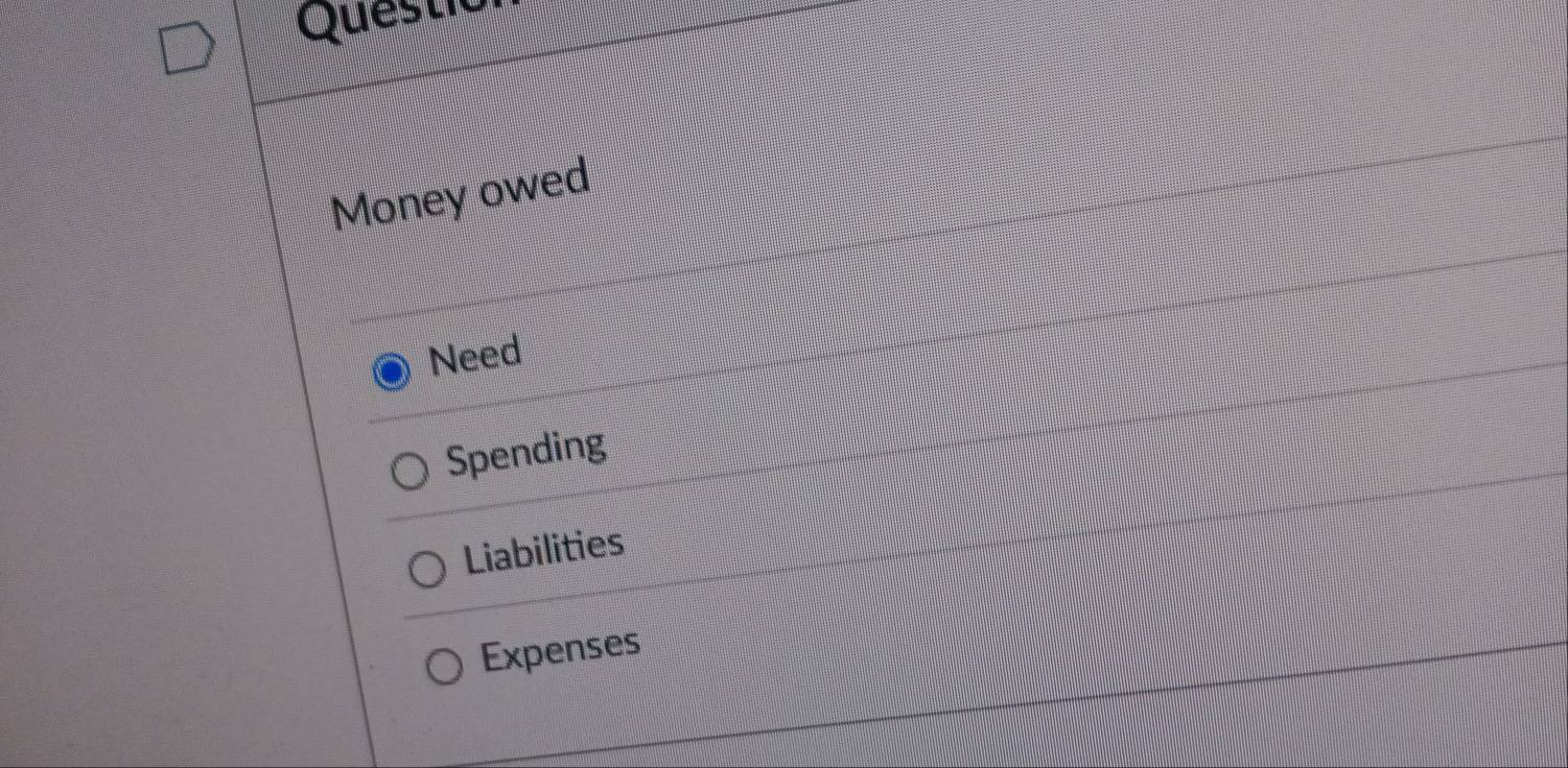 Questio 
Money owed 
Need 
Spending 
Liabilities 
Expenses