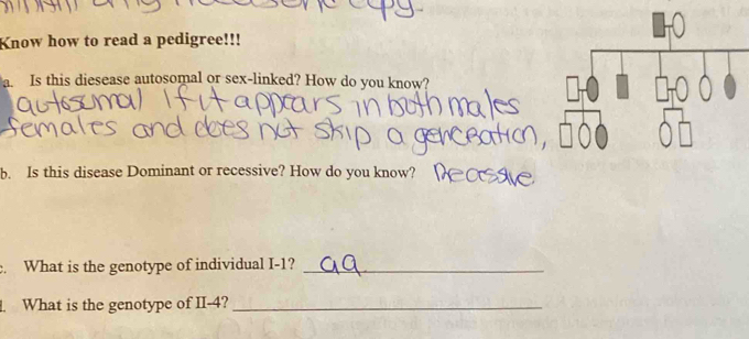 Know how to read a pedigree!!! 
a. Is this diesease autosomal or sex-linked? How do you know? 
b. Is this disease Dominant or recessive? How do you know? 
. What is the genotype of individual I- 1?_ 
. What is the genotype of II -4?_