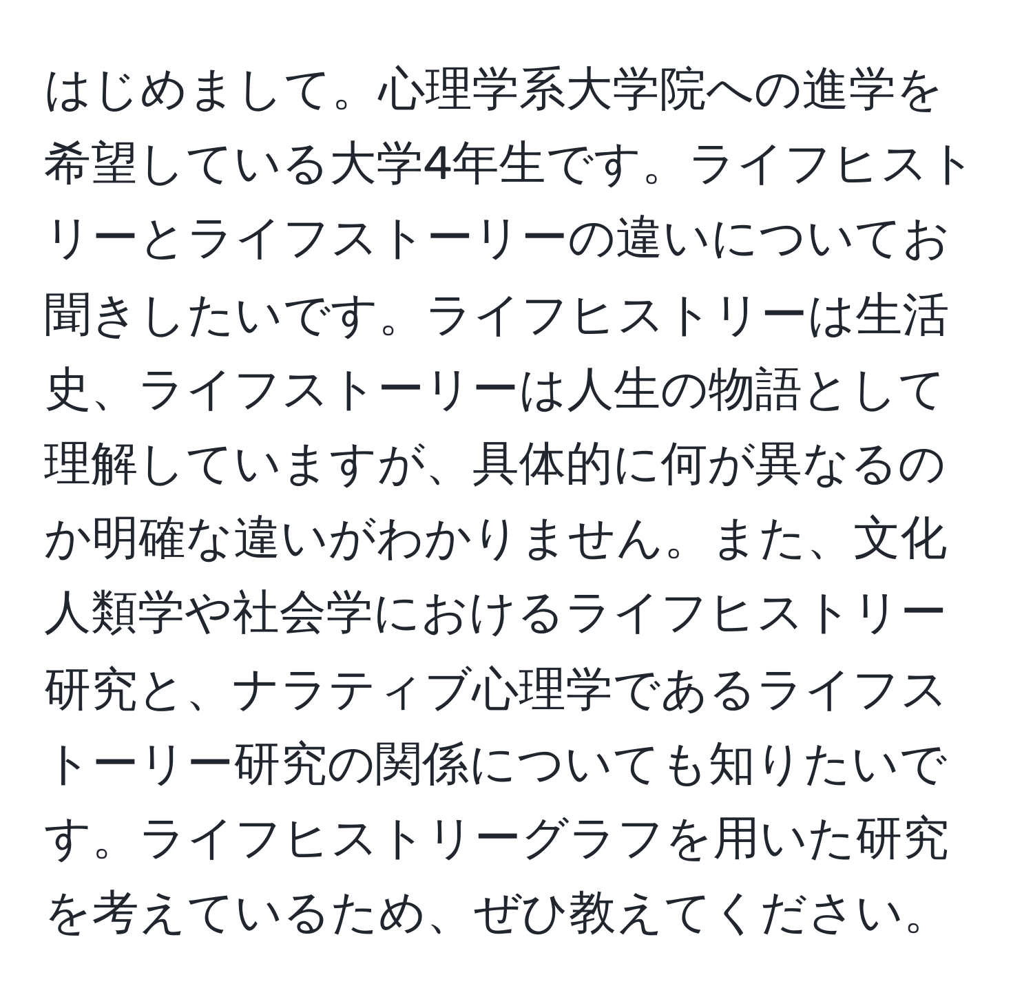 はじめまして。心理学系大学院への進学を希望している大学4年生です。ライフヒストリーとライフストーリーの違いについてお聞きしたいです。ライフヒストリーは生活史、ライフストーリーは人生の物語として理解していますが、具体的に何が異なるのか明確な違いがわかりません。また、文化人類学や社会学におけるライフヒストリー研究と、ナラティブ心理学であるライフストーリー研究の関係についても知りたいです。ライフヒストリーグラフを用いた研究を考えているため、ぜひ教えてください。