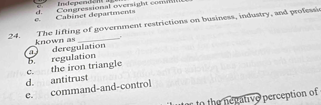 Congressional oversight commi 
c. Cabinet departments
24. The lifting of government restrictions on business, industry, and professic
known as _.
a. deregulation
b. regulation
c. the iron triangle
d. antitrust
e. command-and-control
r to the negative perception of