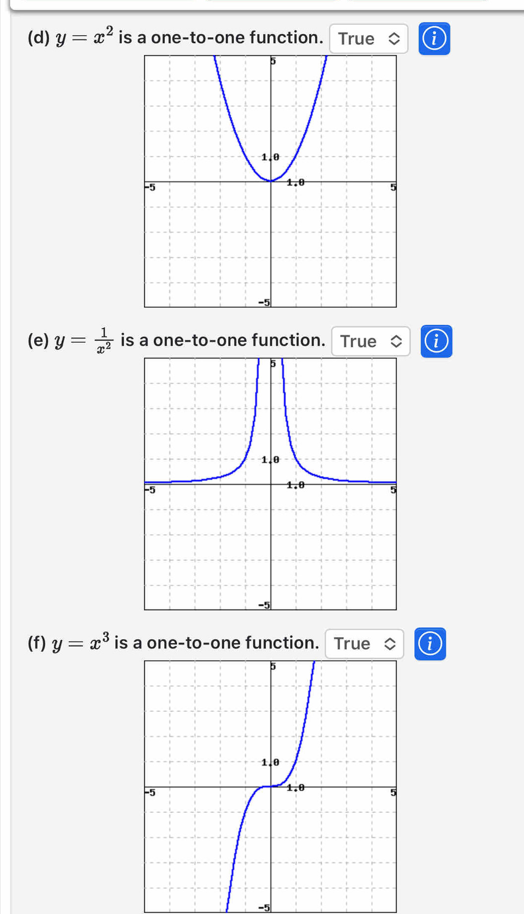 y=x^2 is a one-to-one function. I True a
(e) y= 1/x^2  is a one-to-one function. True ①
(f) y=x^3 is a one-to-one function. True ①
-5