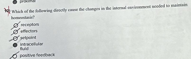 proximal
10 Which of the following directly cause the changes in the internal environment needed to maintain
homeostasis?
receptors
a effectors
setpoint
intracellular
fluid
positive feedback