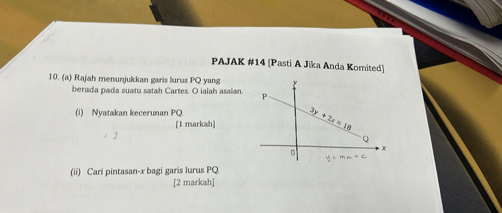 PAJAK #14 [Pasti A Jika Anda Komited]
10. (a) Rajah menunjukkan garis lurus PQ yang
berada pada suatu satah Cartes. O ialah asalan. 
(i) Nyatakan kecerunan PQ.
[1 markah]
(ii) Cari pintasan-x bagi garis lurus PQ.
[2 markah]