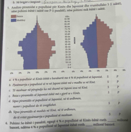 Në brigjet e Jangcesë:_ 
5. Analizo piramidat e popullsisë për Kinën dhe Japoninë dhe rrumbullako S (i saktë), 
nëse pohimi është i saktë ose P (i pasaktë), nëse pohimi nuk është i saktë. 
a. 4 % e popullsisë sẽ Kinës është e barabartë me 4 % të popullsisë sẽ Japonisë. s 
b. Pjesëmarrja e popullsisë sẽ re në Japoni është më e madhe se në Kinë. s P 
c. Të moshuar në përqindje ka më shumë në Japoni sesa në Kinë. s P 
ç. Baza e piramidës së Japonisë është më e gjerê se e Kinës. s P 
d. Sipas piramidës sẽ popullsisë së Japonisë, në të ardhmen, 
s P 
numri i popullsisë do të zvogëlohet. 
dh. Sipas piramidës sẽ moshës në Kinë, në të ardhmen, 
do të rritet pjesëmarrja e popullsisë sẽ moshuar. 
s P 
6. Pohimi 54 është i pasaktë, ngaqë 4 % e popullsisë sẽ Kinës është rreth milionë banorë. milione 
banorë, ndërsa 4 % e popullsisë së Japonisë është rreth