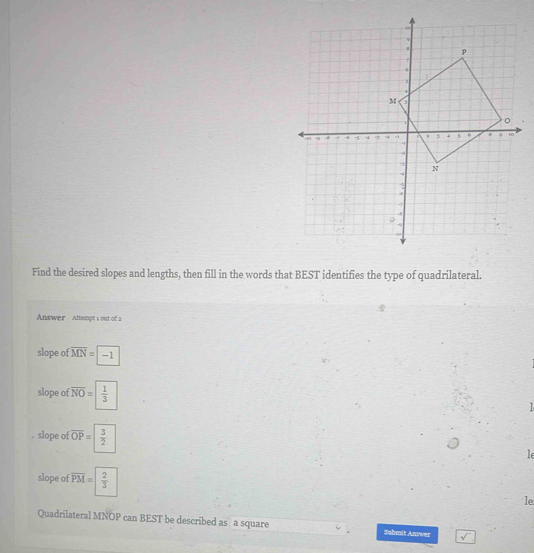 Find the desired slopes and lengths, then fill in the words that BEST identifies the type of quadrilateral. 
Answer Attempt 1 out of 2 
slope of overline MN=-1
slope of overline NO=| 1/3 
I 
。 slope of overline OP=| 3/2 
le 
slope of overline PM=| 2/3 
le 
Quadrilateral MNOP can BEST be described as a square Submit Answer