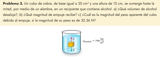 Problema 3. Un cubo de cobre, de base igual a 35cm^2 y una altura de 12 cm, se sumerge hasta la 
mitad, por medio de un alambre, en un recipiente que contiene alcohol. a) ¿Qué volumen de alcohol 
desaloja?, b) ¿Qué magnitud de empuje recibe? c) ¿Cuál es la magnitud del peso aparente del cubo 
debido al empuje, si la magnitud de su peso es de 32.36 N? 
F P_alicohot=790 kg/m^2 
β