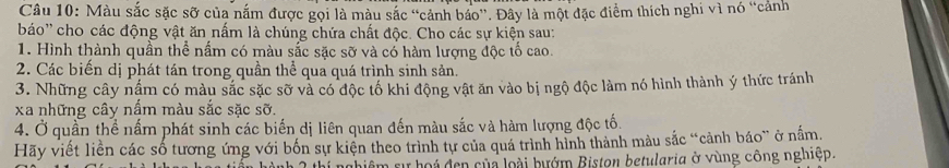 Màu sắc sặc sỡ của nắm được gọi là màu sắc “cảnh báo”. Đây là một đặc điểm thích nghi vì nó “cảnh 
báo'' cho các động vật ăn nấm là chúng chứa chất độc. Cho các sự kiện sau: 
1. Hình thành quần thể nấm có màu sắc sặc sỡ và có hàm lượng độc tố cao. 
2. Các biến dị phát tán trong quần thể qua quá trình sinh sản. 
3. Những cây nậm có màu sắc sặc sỡ và có độc tố khi động vật ăn vào bị ngộ độc làm nó hình thành ý thức tránh 
xa những cây nấm màu sắc sặc sỡ. 
4. Ở quần thể nấm phát sinh các biến dị liên quan đến màu sắc và hàm lượng độc tố. 
Hãy viết liền các số tương ứng với bốn sự kiện theo trình tự của quá trình hình thành màu sắc “cảnh báo” ở nấm. 
u hoi đen của loài bướm Biston betularia ở vùng công nghiệp.