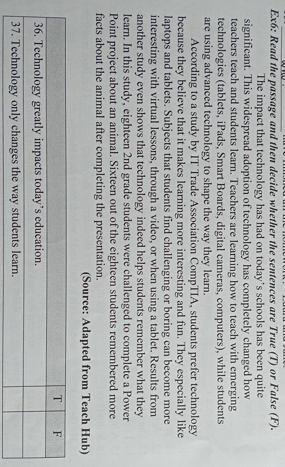 Ex6: Read the passage and then decide whether the sentences are True (T) or False (F). 
The impact that technology has had on today’s schools has been quite 
significant. This widespread adoption of technology has completely changed how 
teachers teach and students learn. Teachers are learning how to teach with emerging 
technologies (tablets, iPads, Smart Boards, digital cameras, computers), while students 
are using advanced technology to shape the way they learn. 
According to a study by IT Trade Association CompTIA, students prefer technology 
because they believe that it makes learning more interesting and fun. They especially like 
laptops and tablets. Subjects that students find challenging or boring can become more 
interesting with virtual lessons, through a video, or when using a tablet. Results from 
another study even shows that technology indeed helps students remember what they 
learn. In this study, eighteen 2nd grade students were challenged to complete a Power 
Point project about an animal. Sixteen out of the eighteen students remembered more 
facts about the animal after completing the presentation. 
(Source: Adapted from Teach Hub)