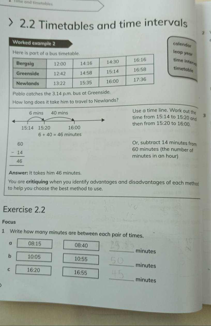 Time and timetables
2.2 Timetables and time intervals
2
Worked example 2
calendar
leap year
time interve
timetable
Pablo catches the 3.14 p.m. bus at Greenside.
How long does it take him to travel to Newlands?
Use a time line. Work out the 3
time from 15:14 to 15:20 and
then from 15:20 to 16:00.
beginarrayr 60 -14 hline 46 hline endarray
Or, subtract 14 minutes from
60 minutes (the number of
minutes in an hour)
Answer: It takes him 46 minutes.
You are critiquing when you identify advantages and disadvantages of each method
to help you choose the best method to use.
Exercise 2.2
Focus
1 Write how many minutes are between each pair of times.
a 08:15
08:40
_minutes
b 10:05
_
10:55
minutes
C 16:20
_
16:55
minutes