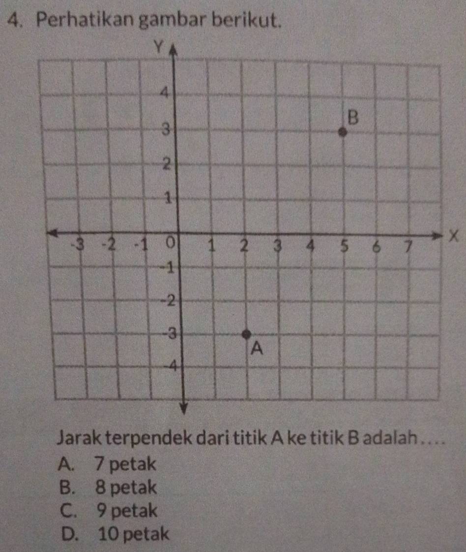 Perhatikan gambar berikut.
Jarak terpendek dari titik A ke titik B adalah .. . .
A. 7 petak
B. 8 petak
C. 9 petak
D. 10 petak