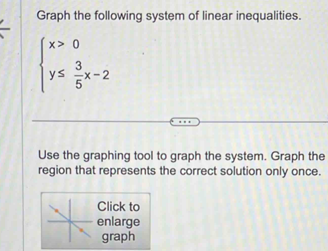 Graph the following system of linear inequalities.
beginarrayl x>0 y≤  3/5 x-2endarray.
Use the graphing tool to graph the system. Graph the 
region that represents the correct solution only once. 
Click to 
enlarge 
graph