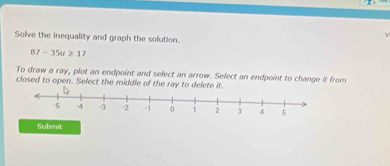 Solve the inequality and graph the solution.
87-35u≥ 17
To draw a ray, plot an endpoint and select an arrow. Select an endpoint to change it from 
closed to open. Select the middle of the ray to delete it. 
Submit