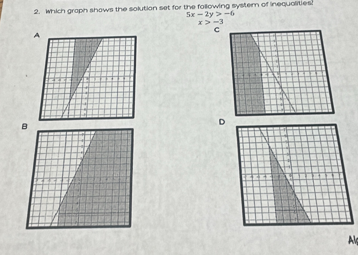 Which graph shows the solution set for the following system of inequalities?
5x-2y>-6
x>-3
C 

D 
Al