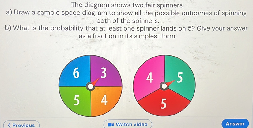 Solved: The diagram shows two fair spinners. a) Draw a sample space ...