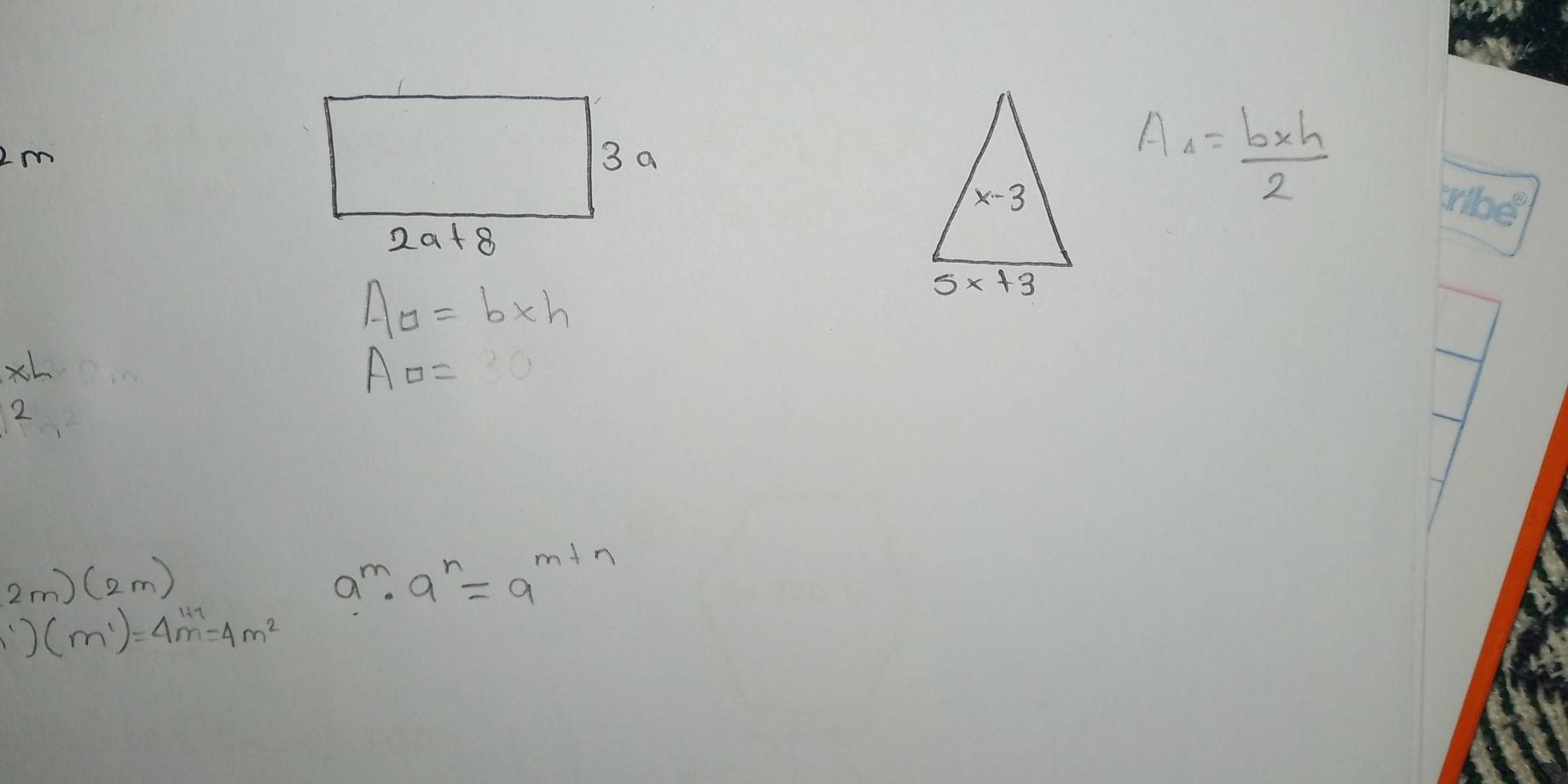 2m
A_4= (b* h)/2 
A□ =b* h
 xL/2 endarray
AD=30
2m)(2m)
a^m· a^n=a^(m+n)
1)(m')=4m'=4m^2