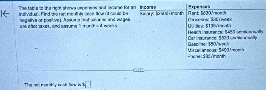 The table to the right shows expenses and income for an Income Expenses 
individual. Find the net monthly cash flow (it could be Salary: $2600/month Rent: $830/month
negative or positive). Assume that salaries and wages Groceries: $80/week
are after taxes, and assume 1 month =4 weeks. Utilities: $135/month
Health insurance: $450 semiannually 
Car insurance: $530 semiannually 
Gasoline: $50/week
Miscellaneous: $490/month
Phone: $85/month
The net monthly cash flow is $□.