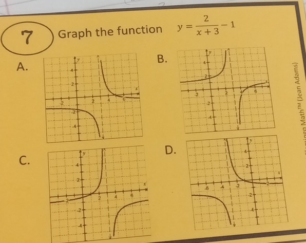 7 Graph the function y= 2/x+3 -1
B. 
A. 

; 
D. 
C.