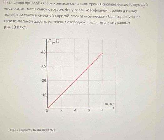 На рисунке πриведен граφик зависимости силы τрения скольхения, действуюошей
на санки, от массы санок с грузом. Чему равен козффициент трения μ между
лолозьми санок и снежной дорогой, посыланной песком? Санки движкутся по
горизонтальной дороге. Ускорение свободного падения считать равным
g=10H/kr.
Ответ округлить до десятых