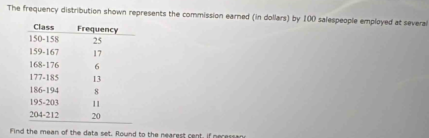 The frequency distribution shown represents the commission earned (in dollars) by 100 salespeople employed at several 
Find the mean of the data set. Round to the nearest cent, if necessary