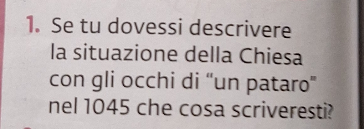 Se tu dovessi descrivere 
la situazione della Chiesa 
con gli occhi di “un pataro” 
nel 1045 che cosa scriveresti?