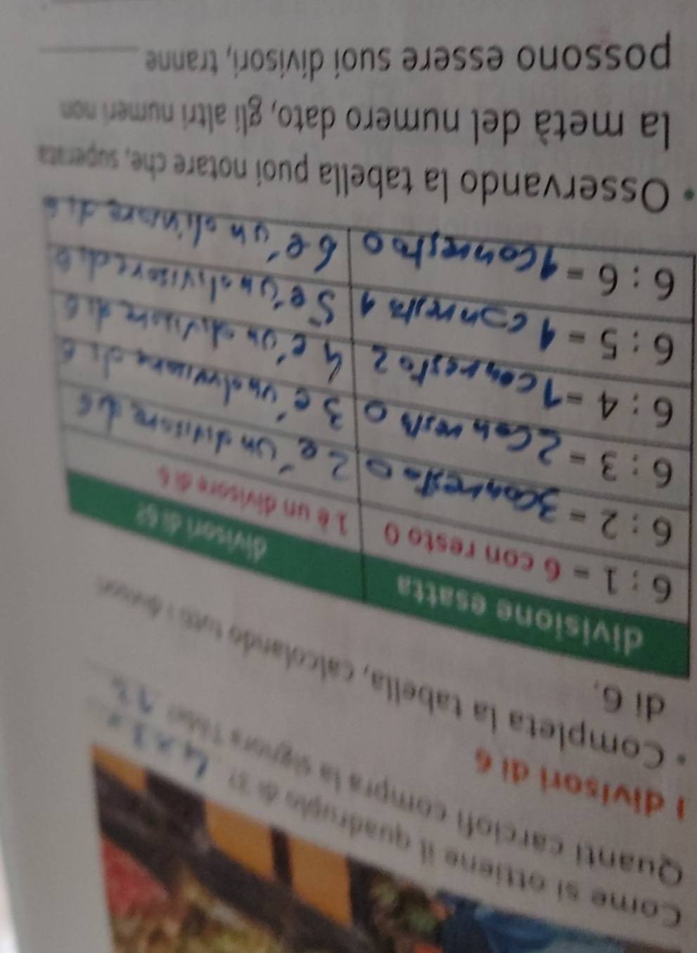 Come si ottie  quadrugi e d  
Quanti carcio fi compra la signor 
1 divisori di 6
di 6,
*  Comp leta la tab
* la tabella puoi notare che, superata
la metá del numero dato, gli altri numeri non
possono essere suoi divisori, tranne_