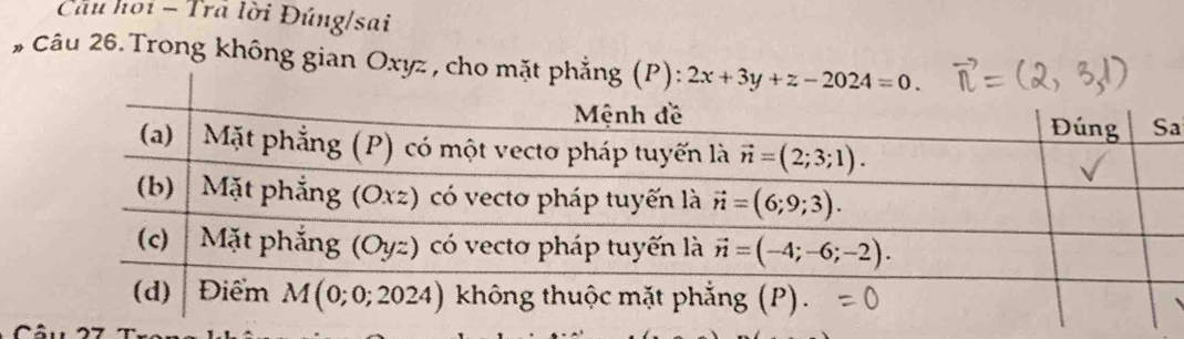 Cầu hoi - Trã lời Đúng/sai
# Câu 26.Trong không gian Oxyz , cho 
a