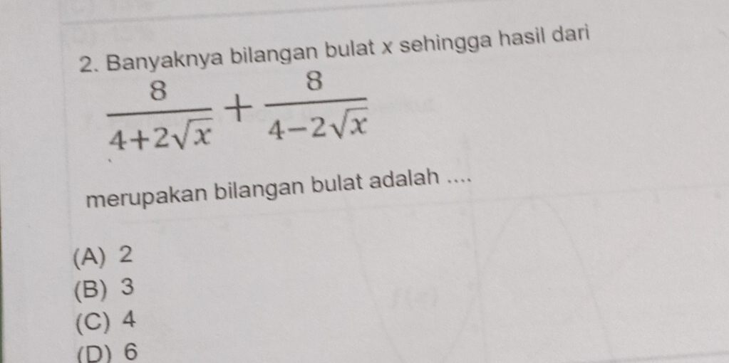 Banyaknya bilangan bulat x sehingga hasil dari
 8/4+2sqrt(x) + 8/4-2sqrt(x) 
merupakan bilangan bulat adalah ....
(A) 2
(B) 3
(C) 4
(D) 6