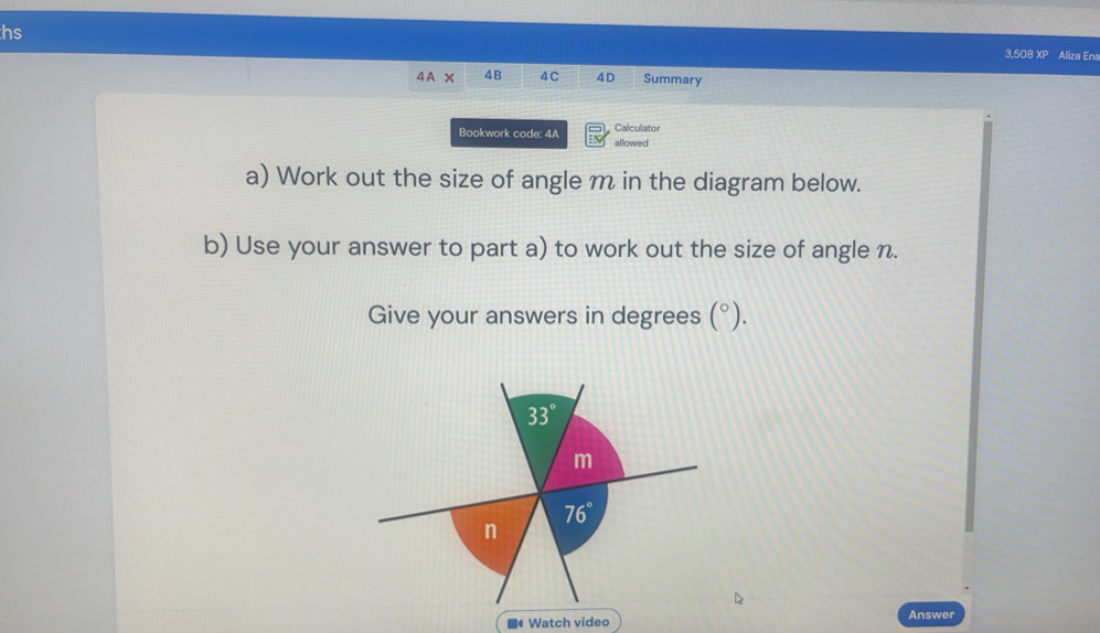 hs
3,508 XP Aliza Ena
4A* 4B 4C 4D Summary
Calculator
Bookwork code: 4A allowed
a) Work out the size of angle m in the diagram below.
b) Use your answer to part a) to work out the size of angle n.
Give your answers in degrees (^circ ).
Answer
■4Watch video