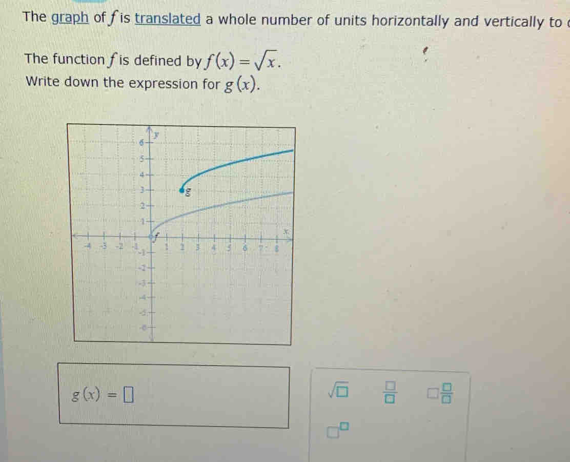 The graph of fis translated a whole number of units horizontally and vertically to 
The function fis defined by f(x)=sqrt(x). 
Write down the expression for g(x).
g(x)=□
sqrt(□ )  □ /□   □  □ /□  
□^(□)