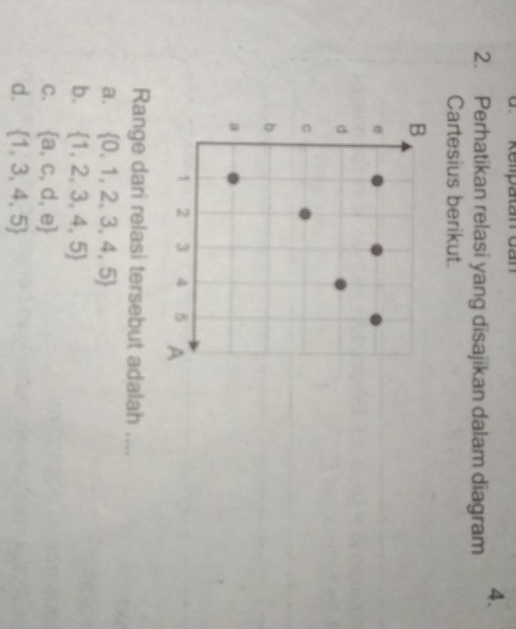 Relpatan Gan
4.
2. Perhatikan relasi yang disajikan dalam diagram
Cartesius berikut.
Range dari relasi tersebut adalah ....
a.  0,1,2,3,4,5
b.  1,2,3,4,5
C.  a,c,d,e
d.  1,3,4,5