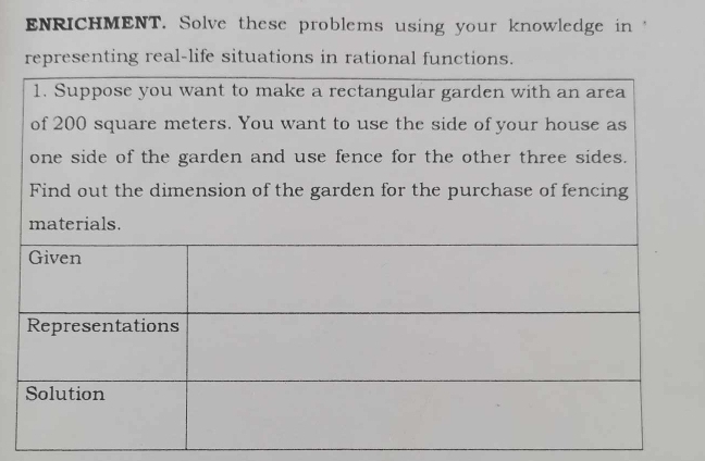 ENRICHMENT. Solve these problems using your knowledge in 
representing real-life situations in rational functions.