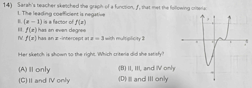 Sarah's teacher sketched the graph of a function, f, that met the following criteria:
I. The leading coefficient is negative
Ⅱ. (x-1) is a factor of f(x)
ⅢII. f(x) has an even degree
IV. f(x) has an x -intercept at x=3 with multiplicity 2
Her sketch is shown to the right. Which criteria did she satisfy?
(A)Ⅱonly (B) II, III, and IV only
(C)Ⅱ and IV only (D) I and I only