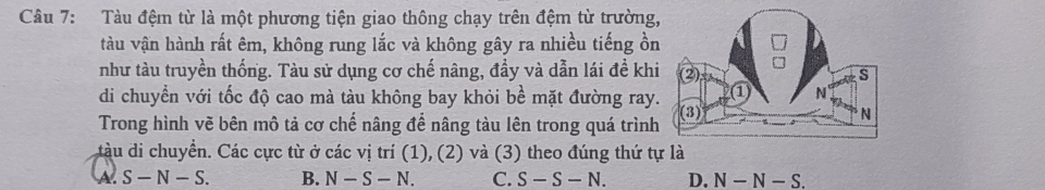 Tàu đệm từ là một phương tiện giao thông chạy trên đệm từ trường,
tàu vận hành rất êm, không rung lắc và không gây ra nhiều tiếng ồn
như tàu truyền thống. Tàu sử dụng cơ chế nâng, đầy và dẫn lái đề khi
di chuyển với tốc độ cao mà tàu không bay khỏi bề mặt đường ray.
Trong hình vẽ bên mô tả cơ chế nâng để nâng tàu lên trong quá trình
tàu di chuyển. Các cực từ ở các vị trí (1), (2) và (3) theo đúng thứ tự là
A. S-N-S. B. N-S-N. C. S-S-N. D. N — N — S.